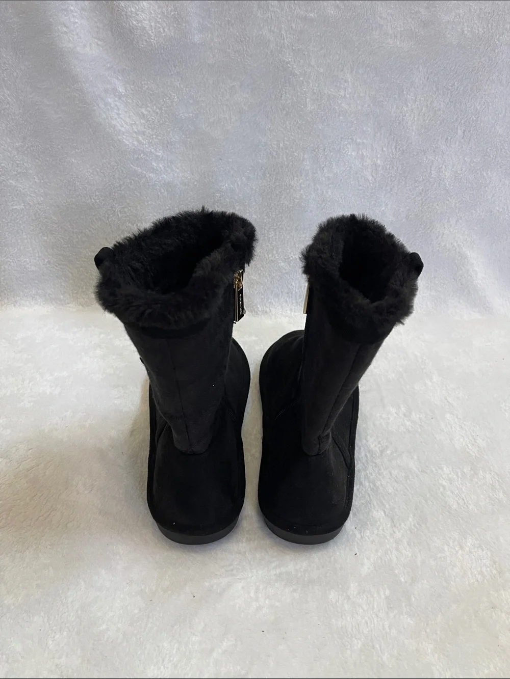 Michael Kors Black Suede Faux-Fur Mid-Calf Boots with Gold Logo